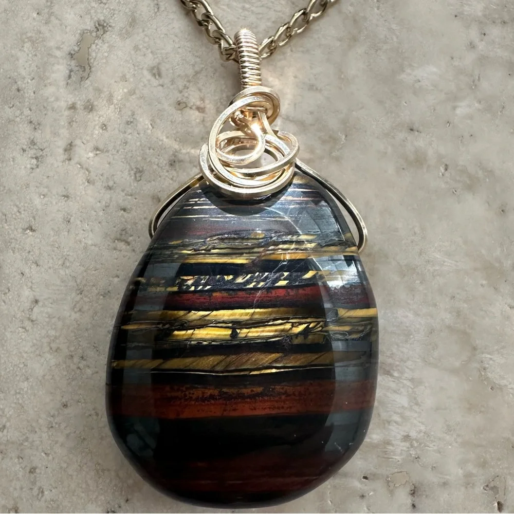 14k Gold Filled Tiger Eye Stone Necklace Pendant